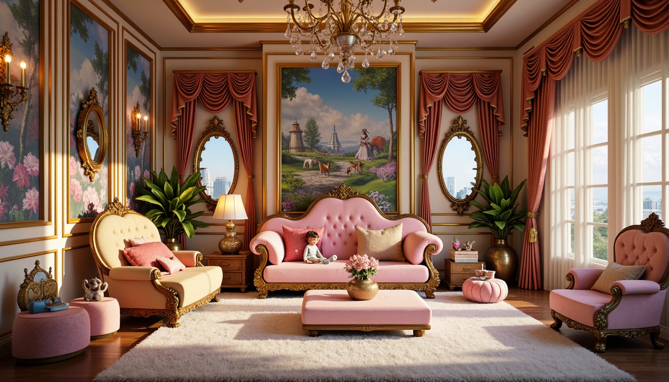 Prompt: Whimsical kids' room, Rococo style furniture, soft velvet fabrics, intricate golden filigree, ornate mirrors, crystal chandeliers, warm candlelight, delicate porcelain vases, fluffy white carpets, playful toy collections, vibrant colorful artwork, fantasy-inspired murals, majestic crowns, luxurious drapes, rich wood paneling, sparkling LED lights, cozy reading nooks, dramatic ceiling fixtures, 1/1 composition, softbox lighting, dreamy atmosphere.