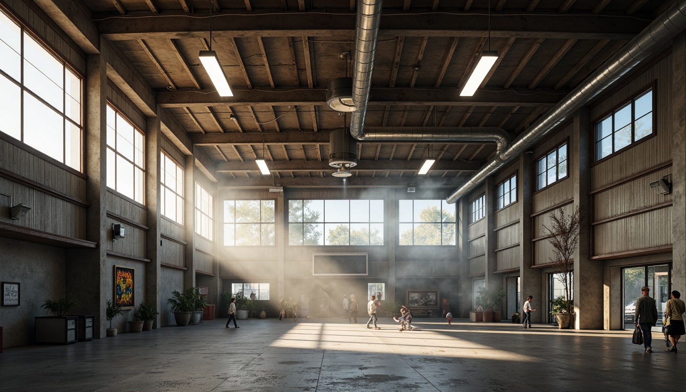 Prompt: Industrial warehouse, exposed ductwork, metal beams, concrete floors, functional lighting fixtures, high ceilings, open spaces, natural light pouring in, warm color temperatures, soft shadows, subtle gradients, realistic reflections, ambient occlusion, atmospheric mist, 3/4 composition, shallow depth of field, panoramic view, dramatic spotlights, suspended linear lights, industrial-style lamps, metallic finishes, minimalist design.