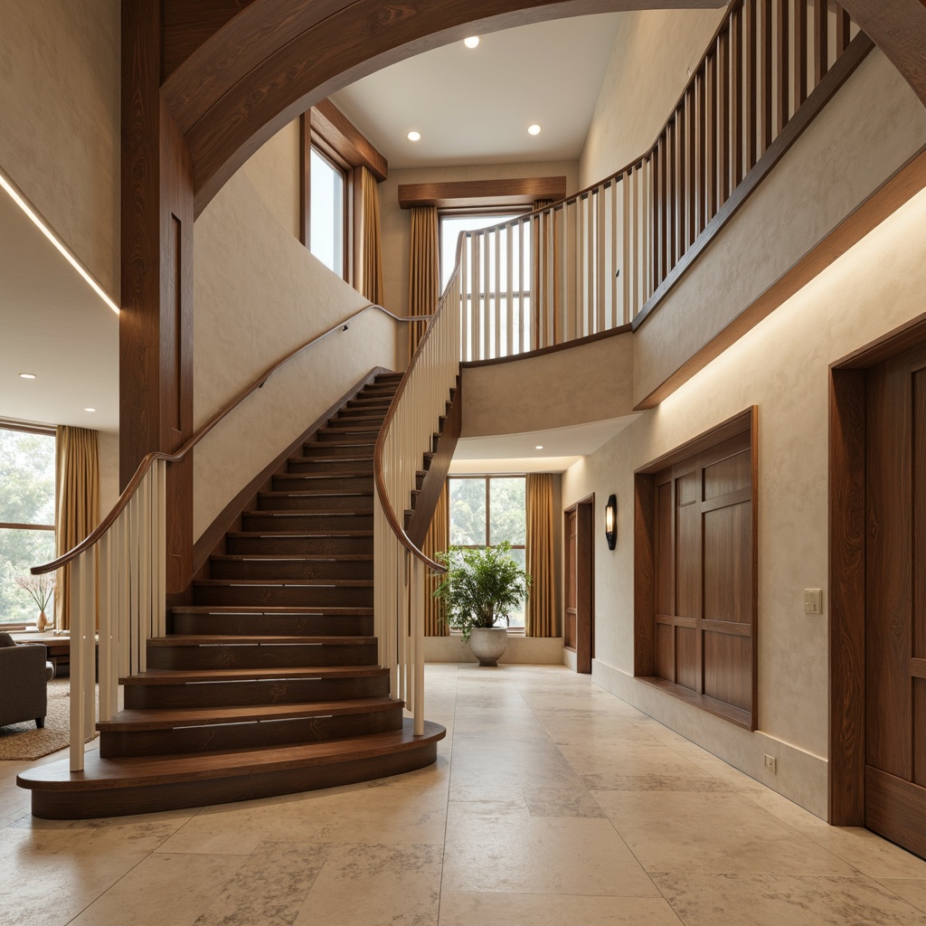 Prompt: Luxurious staircase, grand entrance, elegant curves, rich wood tones, polished metal handrails, soft carpeting, warm beige walls, creamy white balusters, dark walnut steps, subtle LED lighting, modern minimalist design, spacious open floor plan, natural stone flooring, refined industrial chic aesthetic, bold accent colors, statement light fixtures, dramatic high ceilings, sophisticated color blocking, 1/2 composition, atmospheric misty effect, cinematic shallow depth of field.