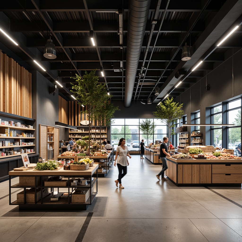 Prompt: Minimalist grocery store interior, sleek shelving systems, industrial metal frames, wooden accents, monochromatic color scheme, LED lighting, polished concrete floors, modern product displays, geometric-shaped shelves, cantilevered storage, open floor plan, abundant natural light, 1/1 composition, softbox lighting, ambient occlusion, realistic reflections.