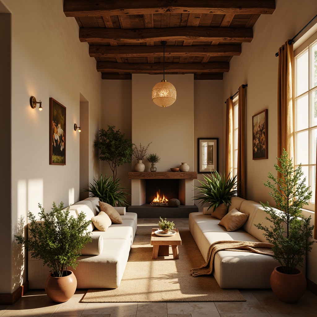 Prompt: Warm beige walls, soft cream accents, rich walnut wood tones, plush velvet fabrics, golden lighting fixtures, earthy terracotta pots, lush greenery, natural stone flooring, cozy throw blankets, rustic wooden beams, warm candlelight, inviting aromas, 1/1 composition, shallow depth of field, soft focus, realistic textures.