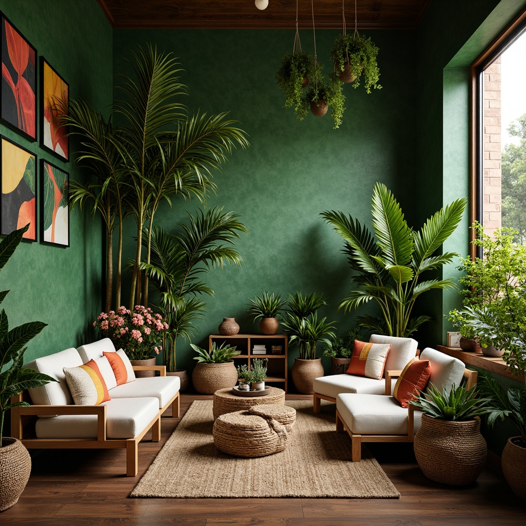 Prompt: Lush tropical foliage, vibrant green walls, exotic palm trees, colorful floral arrangements, natural woven fibers, rattan furniture, wooden accents, earthy tones, warm ambient lighting, shallow depth of field, 1/1 composition, soft focus blur, realistic textures, ambient occlusion, cozy reading nook, plush cushions, woven baskets, nature-inspired patterns, eclectic decorative accessories, tranquil atmosphere, serene ambiance.