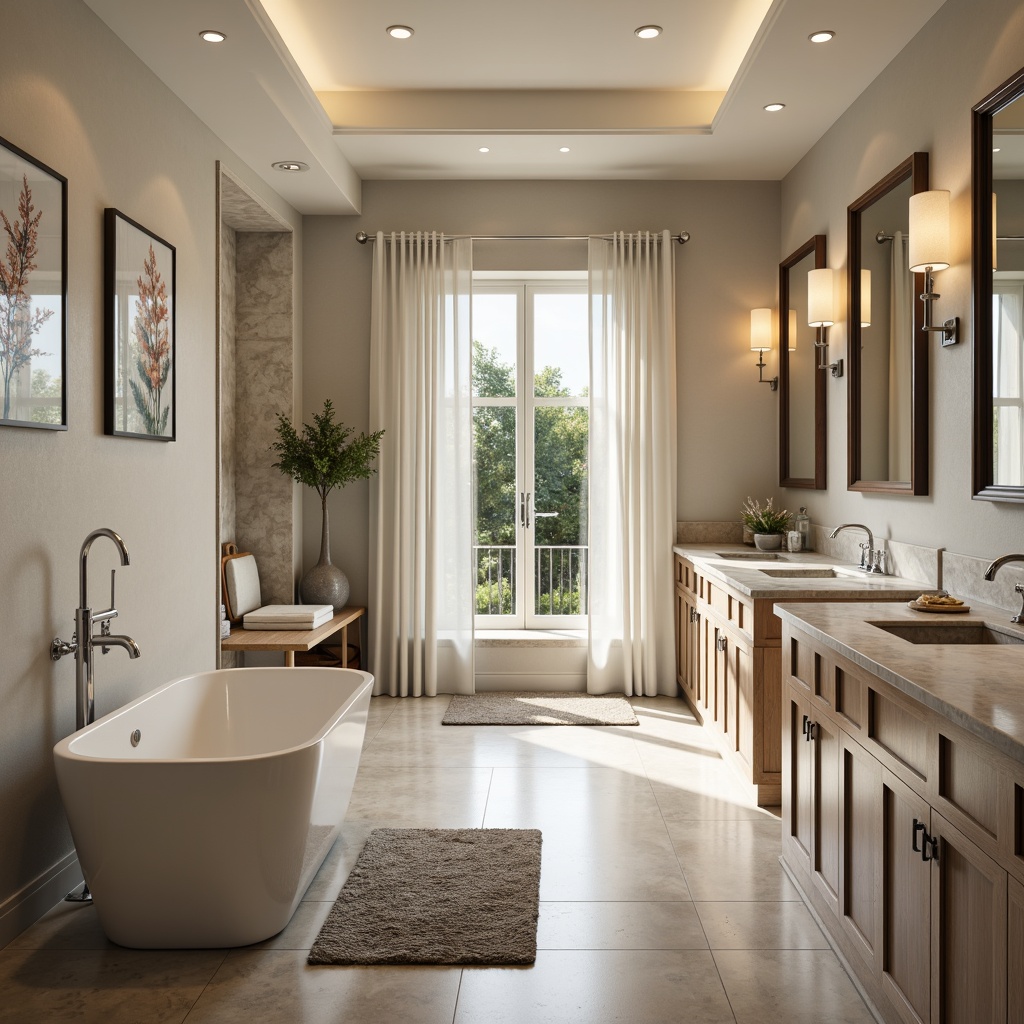 Prompt: Transitional bathroom, soft warm lighting, elegant freestanding tub, polished chrome faucets, marble countertops, neutral color palette, spa-inspired ambiance, large walk-in shower, rainfall showerhead, body sprays, heated floors, plush bath mats, modern vanity cabinets, wall-mounted mirrors, decorative sconces, natural stone accents, botanical prints, subtle textures, calming atmosphere, 1/1 composition, shallow depth of field.