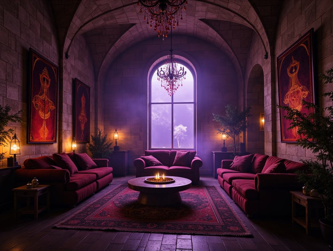 Prompt: Dark mysterious chamber, ornate stone walls, vaulted ceilings, grandiose chandeliers, crimson red accents, midnight black furniture, eerie lanterns, mystical purple hues, ancient tapestries, weathered wooden floors, ominous fog effects, dramatic warm lighting, cinematic camera angles, 1/2 composition, mystical atmospheric sounds, detailed ornate textures.