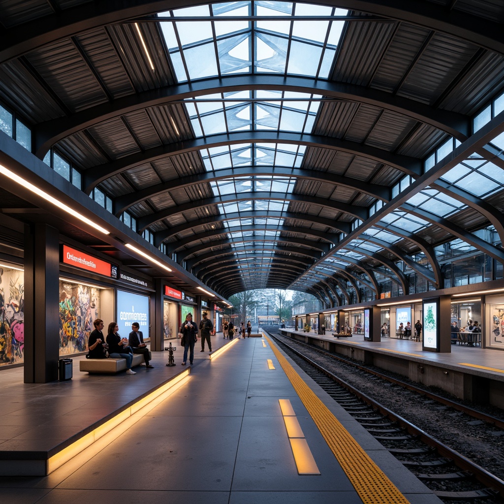 Prompt: Modern train station interior, sleek metal beams, polished concrete floors, vibrant LED lighting, futuristic luminescent strips, ambient soft glow, warm color temperature, dynamic digital displays, curved glass roofs, minimalist seating areas, stainless steel handrails, urban-inspired graffiti, eclectic industrial textures, shallow depth of field, 1/1 composition, realistic reflections, high-contrast lighting, dramatic shadows, atmospheric fog effects.