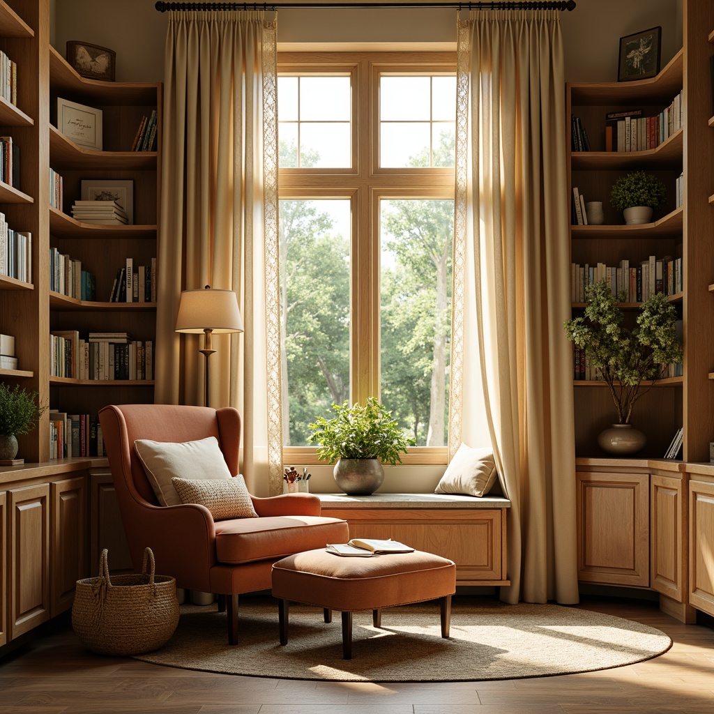 Prompt: Cozy reading nook, warm beige walls, plush velvet armchair, soft golden lighting, rich wood accents, vintage bookshelves, comfortable ottoman, calming pastel colors, soothing sage green, creamy whites, earthy terracotta, natural textiles, woven baskets, rustic wooden floors, tranquil ambiance, warm comforting atmosphere, inviting window seat, lush greenery views, delicate lace curtains, elegant typography, balanced composition, soft focus, warm color temperature.