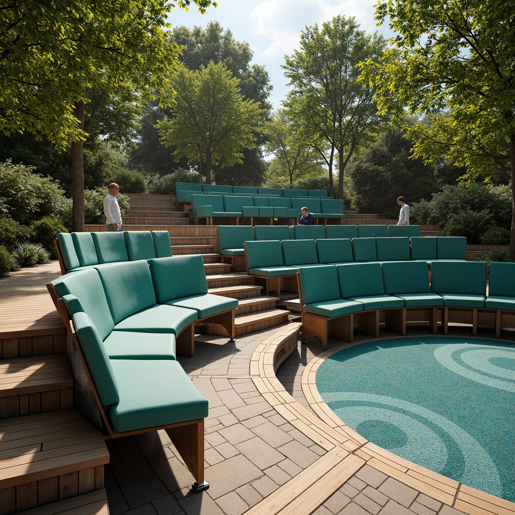 Prompt: Curved amphitheater seating, mid-century modern style, wooden benches, sleek metal frames, vibrant turquoise upholstery, geometric patterned rugs, natural stone steps, lush greenery surroundings, warm sunny day, soft diffused lighting, shallow depth of field, 3/4 composition, panoramic view, realistic textures, ambient occlusion.