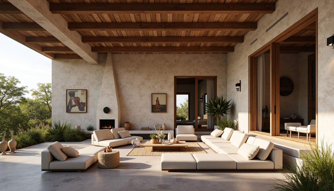 Prompt: Rustic villa, textured walls, earthy tones, natural stone foundations, wooden accents, modernist architecture, clean lines, minimal ornamentation, functional simplicity, geometric shapes, abstract art pieces, sleek furniture, industrial lighting fixtures, concrete floors, indoor plants, floor-to-ceiling windows, panoramic views, warm afternoon light, shallow depth of field, 1/1 composition, realistic textures, ambient occlusion.