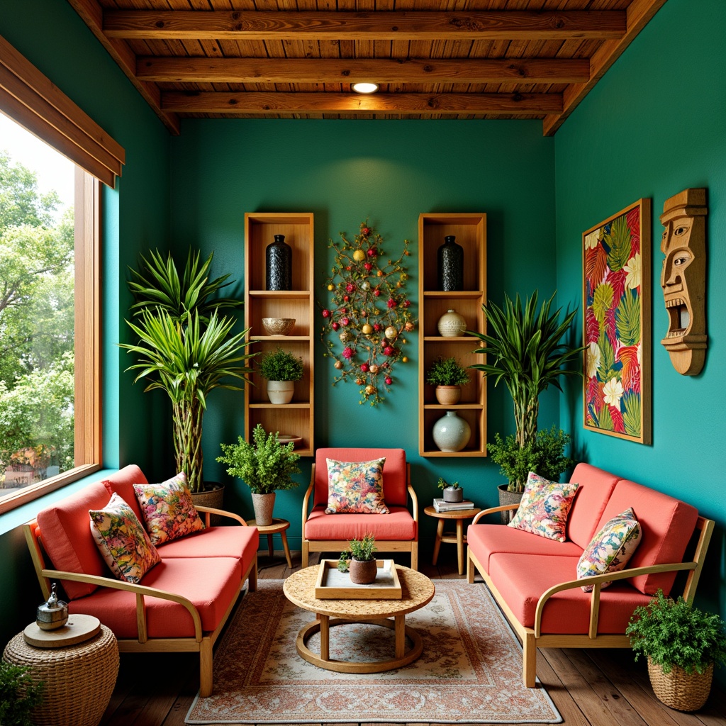 Prompt: Vibrant tropical interior, lush green walls, exotic wood accents, bright coral hues, turquoise blues, sunny yellow shades, natural textiles, woven rattan furniture, palm tree patterns, floral motifs, colorful tiki masks, warm ambient lighting, soft focus, shallow depth of field, 1/1 composition, intimate atmosphere.