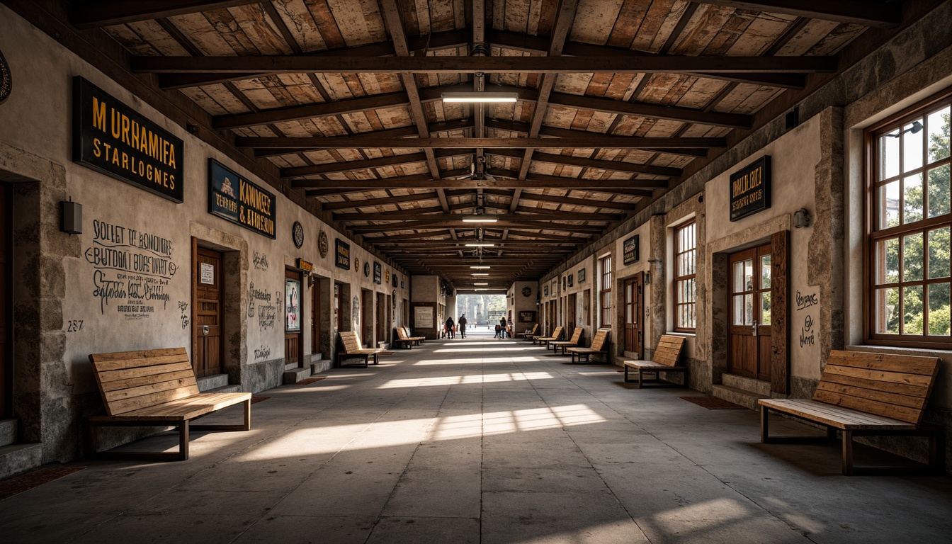 Prompt: Rustic metro station, exposed brick walls, distressed wood panels, industrial metal beams, earthy color palette, rough-hewn stone accents, vintage signage, worn concrete floors, reclaimed wooden benches, urban graffiti, atmospheric lighting, high ceilings, open spaces, dynamic shadows, 1/1 composition, gritty textures, subtle ambient occlusion.