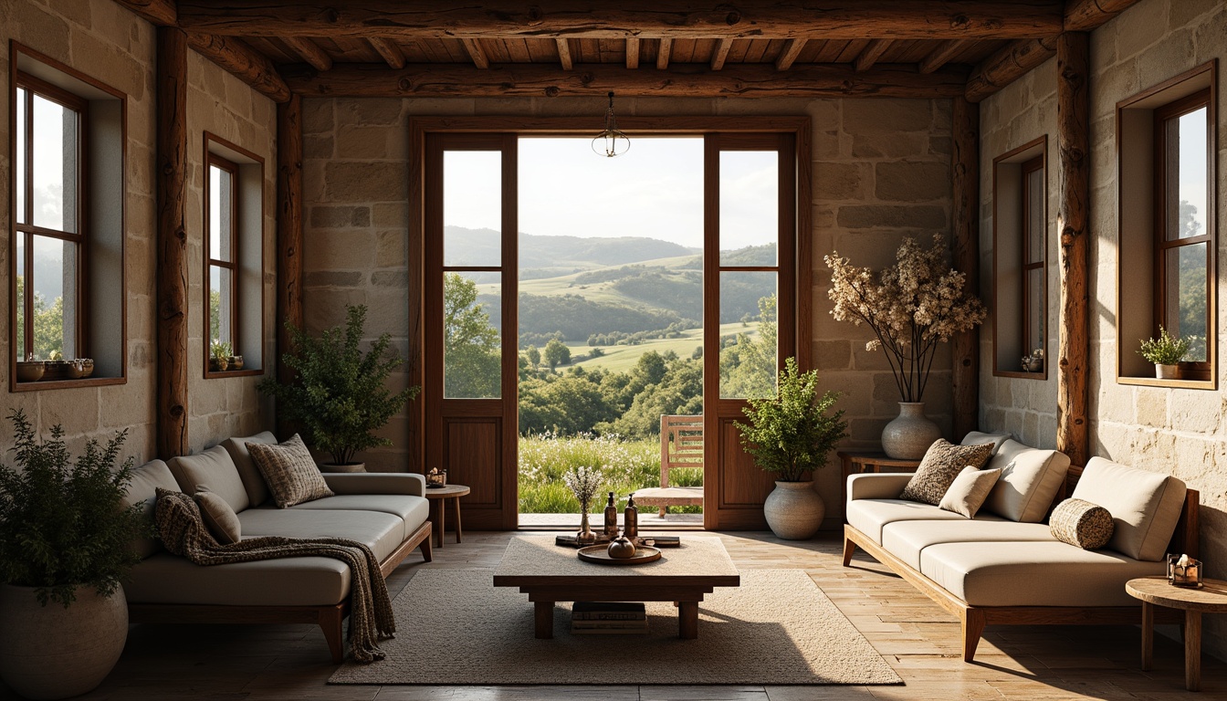 Prompt: Rustic wooden accents, natural stone walls, earthy color palette, organic textures, reclaimed wood panels, distressed finishes, traditional ornate carvings, eclectic vintage decor, cozy intimate spaces, warm soft lighting, shallow depth of field, 1/1 composition, realistic render, ambient occlusion, rural landscape, rolling hills, wildflower meadow, serene countryside atmosphere.