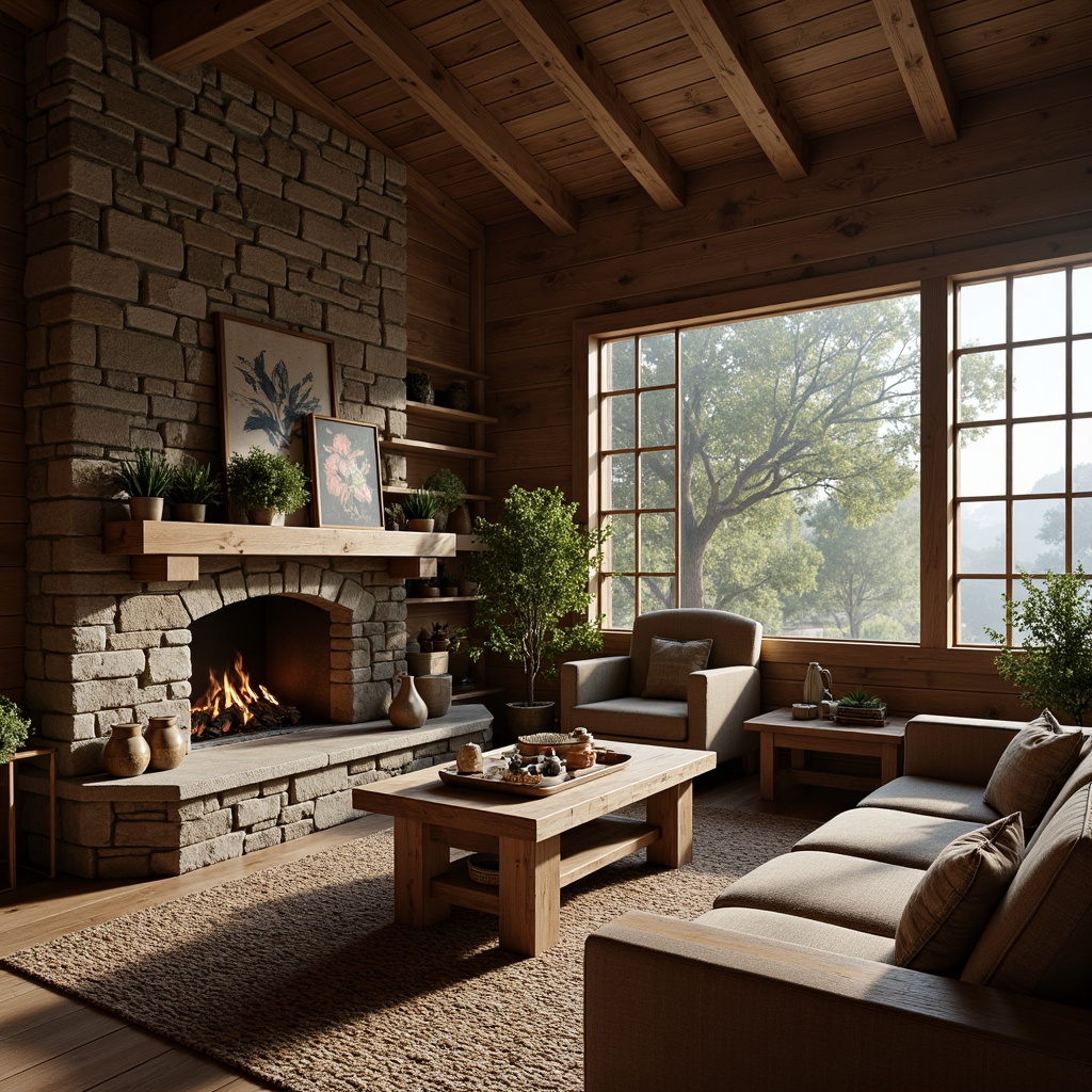 Prompt: Rustic cabin, natural wood grain, earthy tones, stone fireplace, cozy ambiance, warm lighting, plush furnishings, woven textiles, organic patterns, distressed metal accents, reclaimed wood beams, earthy scent, misty morning, soft focus, shallow depth of field, 1/1 composition, atmospheric perspective.