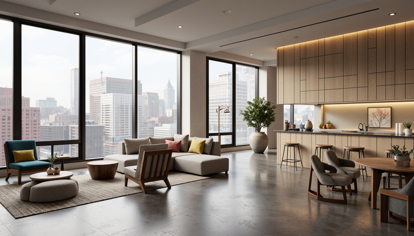 Prompt: Modern apartment, sleek lines, minimalist decor, neutral color palette, creamy whites, soft grays, taupe tones, warm beiges, industrial chic, exposed brick walls, polished concrete floors, floor-to-ceiling windows, natural light, urban skyline views, cozy living areas, plush furniture, vibrant accent walls, metallic accents, geometric patterns, LED lighting, modern art pieces, eclectic decor, functional layouts, open-plan living.