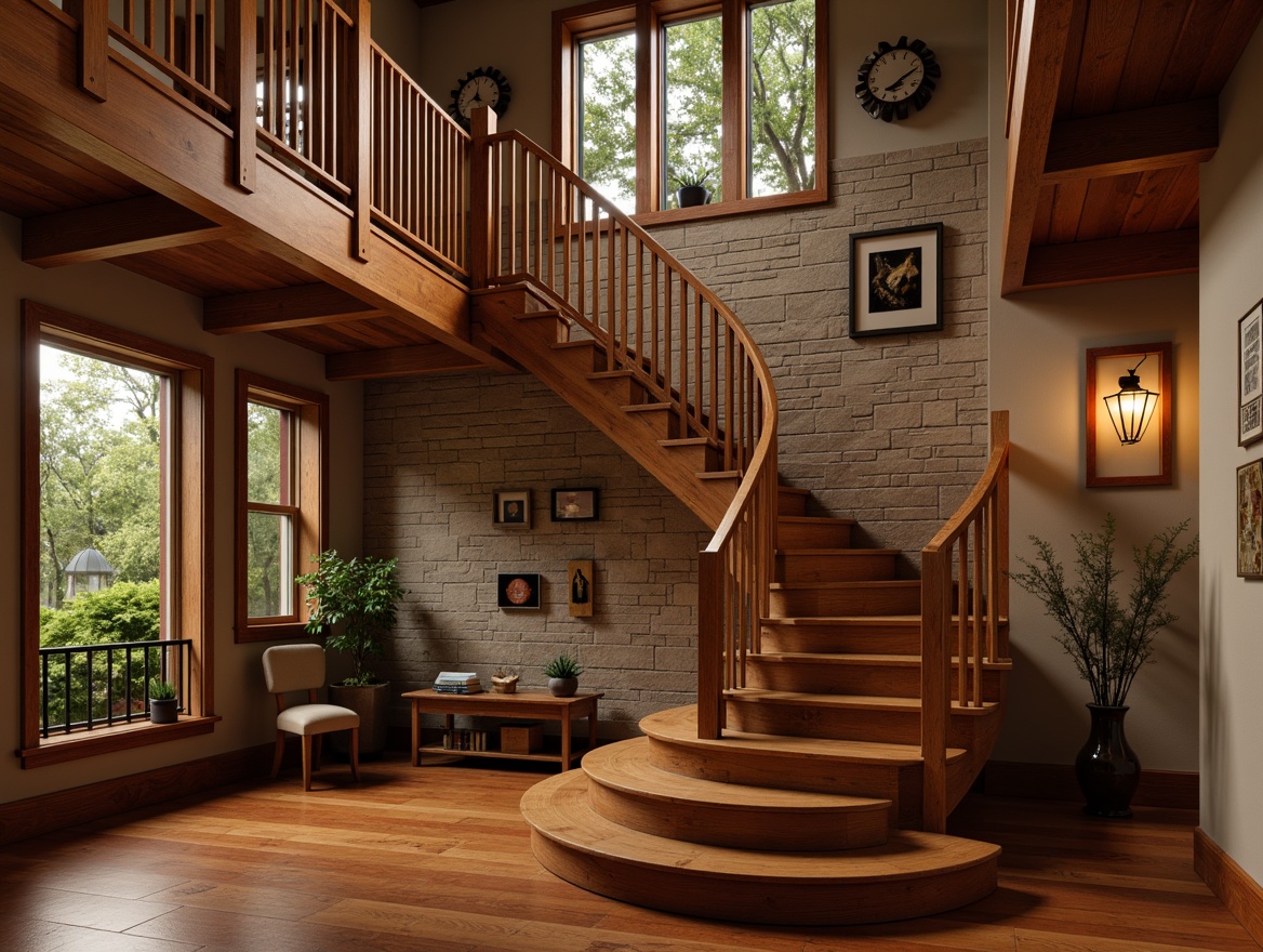 Prompt: Craftsman-style staircase, rich wood tones, ornate railings, elegant balusters, wooden handrails, carved newel posts, rustic metal accents, earthy color palette, natural stone walls, exposed brickwork, vintage lighting fixtures, soft warm glow, shallow depth of field, 3/4 composition, realistic textures, ambient occlusion.