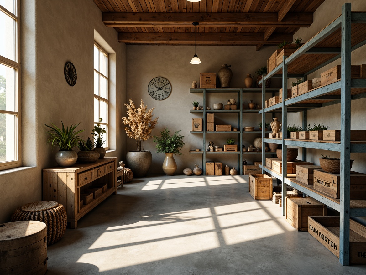 Prompt: Cozy storage room, warm beige walls, soft grey floors, rustic wooden crates, vintage metal shelves, earthy brown tones, calming blue accents, natural light pouring in, subtle shadowing, 1/1 composition, realistic textures, ambient occlusion.