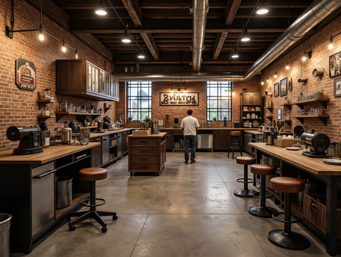 Prompt: Industrial workshop interior, exposed brick walls, metallic beams, polished concrete floors, reclaimed wood accents, Edison bulb lighting, sleek metal workstations, ergonomic stools, vintage machinery displays, distressed leather aprons, worn wooden toolboxes, rusty metal signage, earthy color palette, warm atmospheric lighting, shallow depth of field, 1/1 composition, realistic textures, ambient occlusion.