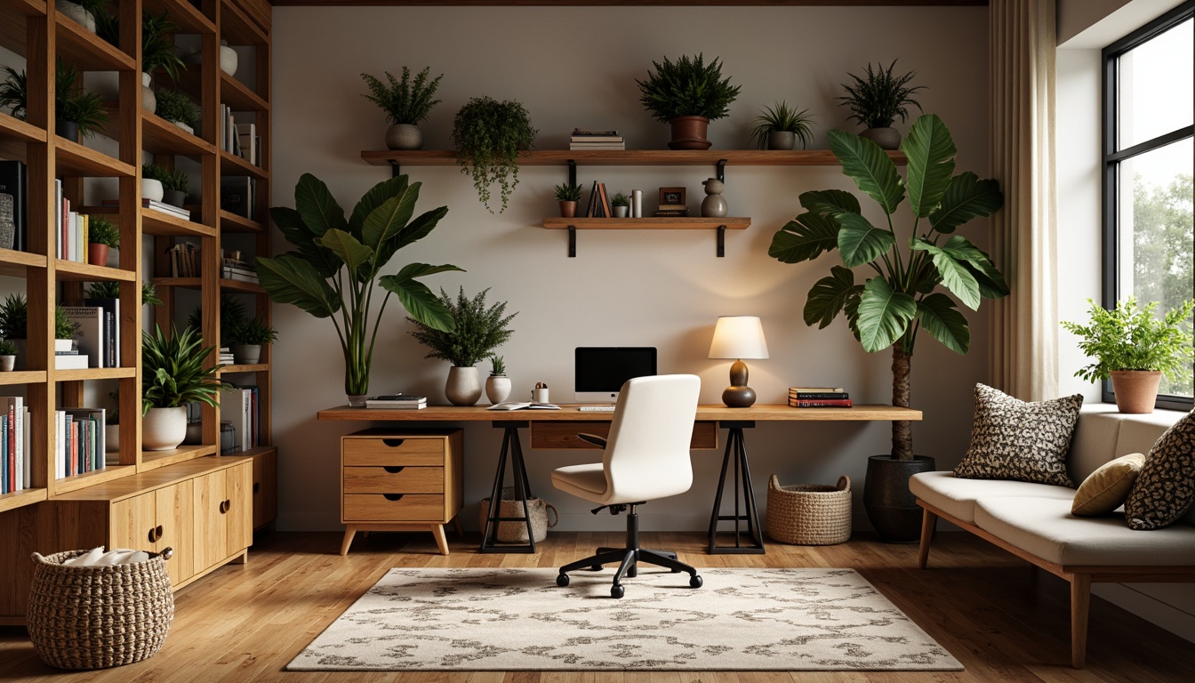 Prompt: Cozy home office, wooden desk, ergonomic chair, soft cushions, warm lighting, plants on shelves, natural textiles, earthy color palette, minimalist decor, industrial-chic accents, reclaimed wood furniture, comfortable reading nook, floor-to-ceiling bookshelves, geometric-patterned rug, calm atmosphere, diffused sunlight, shallow depth of field, 1/1 composition, realistic textures, ambient occlusion.