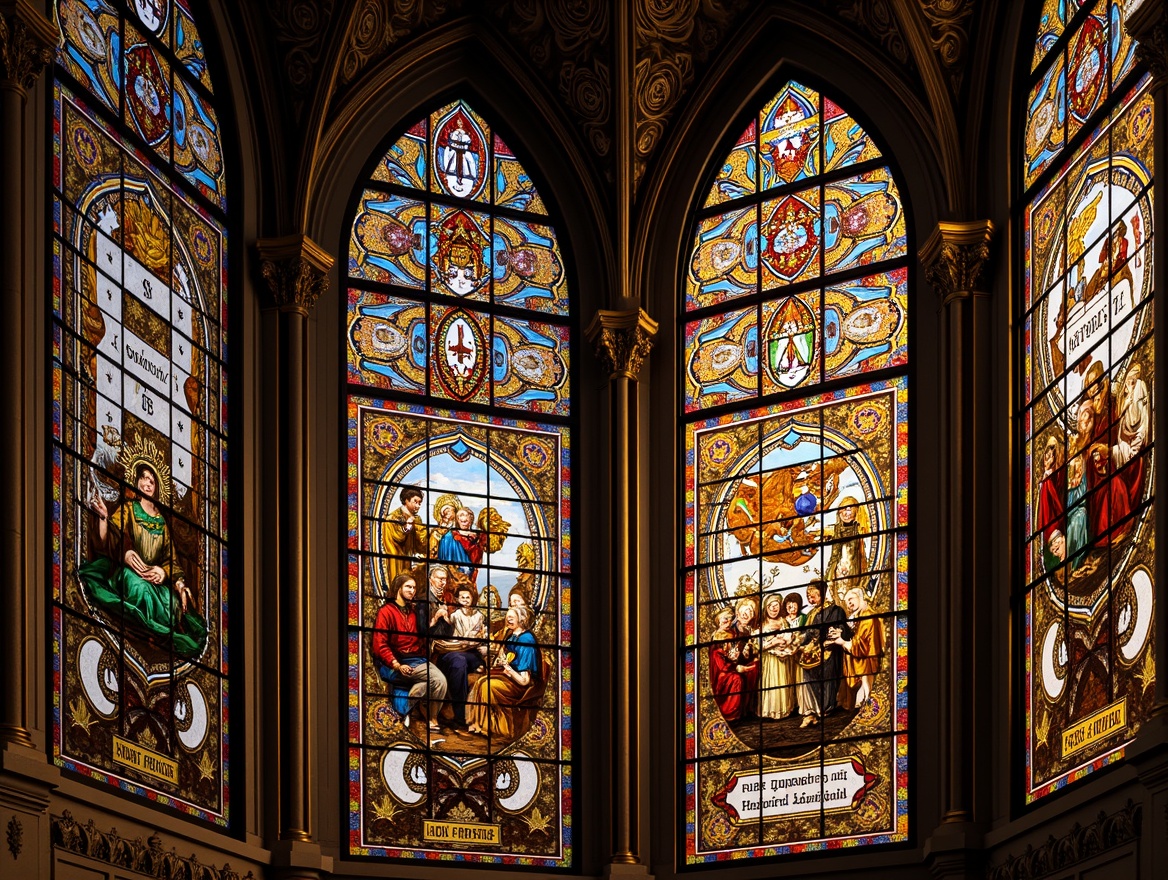 Prompt: Intricate stained glass windows, vibrant colors, ornate metal frameworks, flowing organic patterns, sacred religious symbols, majestic cathedral architecture, grandiose vaulted ceilings, luminous lighting effects, warm golden tones, rich textures, detailed mosaics, floral motifs, curved lines, whimsical shapes, mystical ambiance, peaceful atmosphere, soft focus, shallow depth of field, 1/2 composition, realistic rendering, high dynamic range.