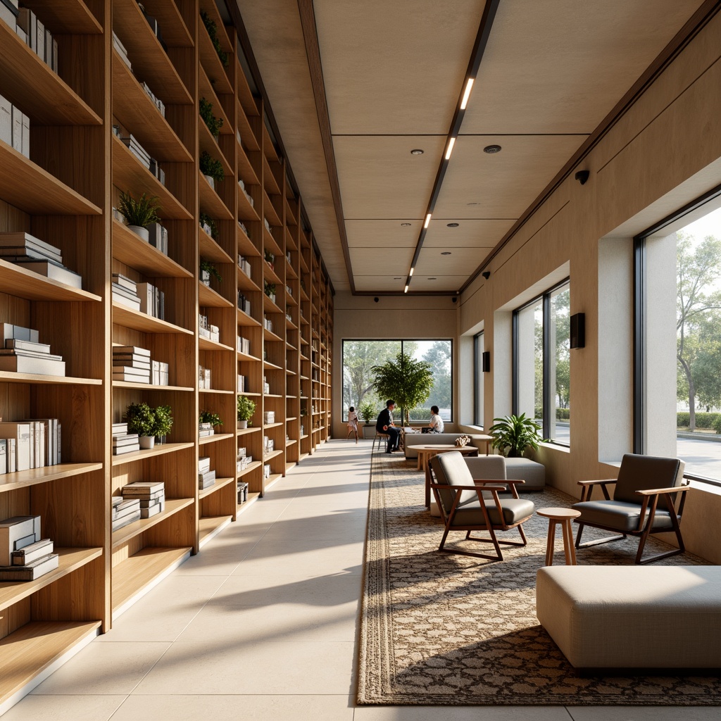 Prompt: Modern bookstore interior, minimalist decor, sleek wooden shelves, floor-to-ceiling bookcases, geometric-patterned rugs, industrial metal chairs, low-profile sofas, wooden coffee tables, pendant light fixtures, warm beige tones, soft ambient lighting, shallow depth of field, 1/1 composition, realistic textures, ambient occlusion.