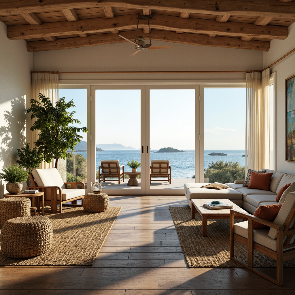 Prompt: Coastal cottage, large windows, sliding glass doors, soft warm lighting, natural textures, woven sea grass rugs, driftwood furniture, ocean-inspired colors, calming atmosphere, serene ambiance, gentle beach breeze, waves crashing sound, sunny day, 3/4 composition, shallow depth of field, panoramic view, realistic reflections, ambient occlusion.