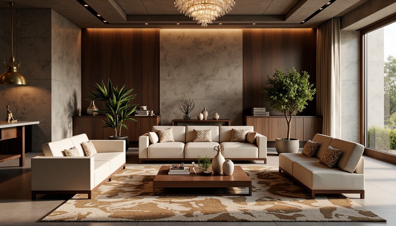 Prompt: Luxurious living room, plush velvet sofas, soft silk rugs, natural stone walls, reclaimed wood accents, metallic bronze lighting, elegant crystal chandeliers, rich walnut furniture, tactile linen upholstery, geometric patterned throw pillows, warm beige color palette, cozy ambient lighting, shallow depth of field, 2/3 composition, realistic textures, atmospheric rendering.