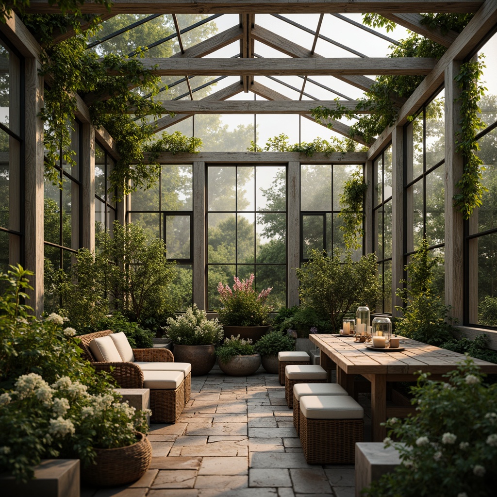 Prompt: Rustic greenhouse, reclaimed wood accents, earthy tones, moss-covered stones, lush greenery, vibrant flowering plants, distressed metal frames, natural linen fabrics, woven rattan furniture, warm candlelight, soft morning mist, shallow depth of field, 1/1 composition, intimate close-up shots, realistic textures, ambient occlusion.