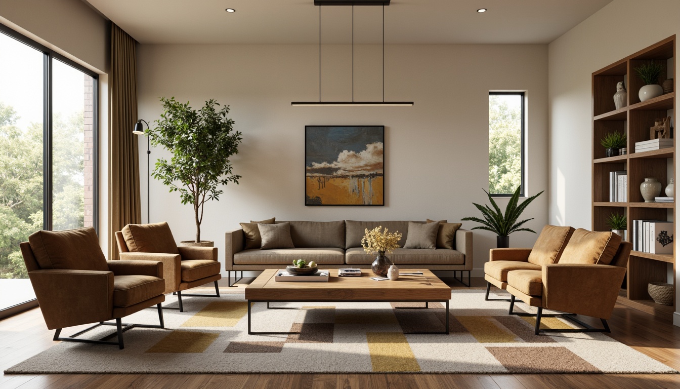 Prompt: Mid-century modern living room, sleek low-profile sofas, tufted velvet armchairs, reclaimed wood coffee tables, industrial metal lighting fixtures, abstract geometric patterned rugs, neutral beige walls, floor-to-ceiling windows, abundant natural light, soft warm ambiance, 1/2 composition, realistic textures, ambient occlusion.