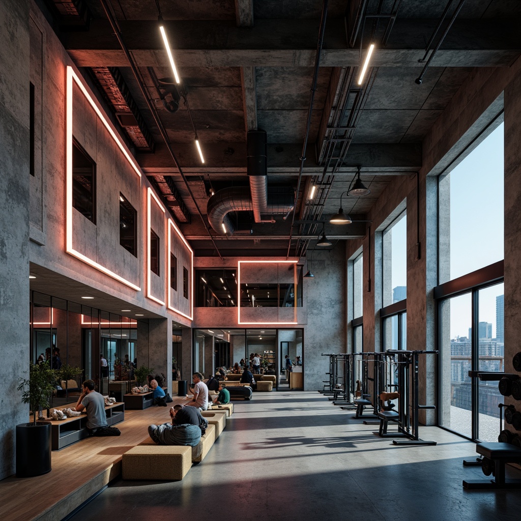 Prompt: Rugged fitness club interior, exposed concrete walls, industrial metal beams, raw steel equipment, neon accent lighting, high-ceilinged open spaces, minimalist decor, brutalist architecture, functional design, intense workout areas, free weights, strength training machines, mirrored walls, polished concrete floors, urban cityscape views, dramatic shadows, low-key ambient lighting, 1/2 composition, cinematic mood, gritty textures, realistic render.