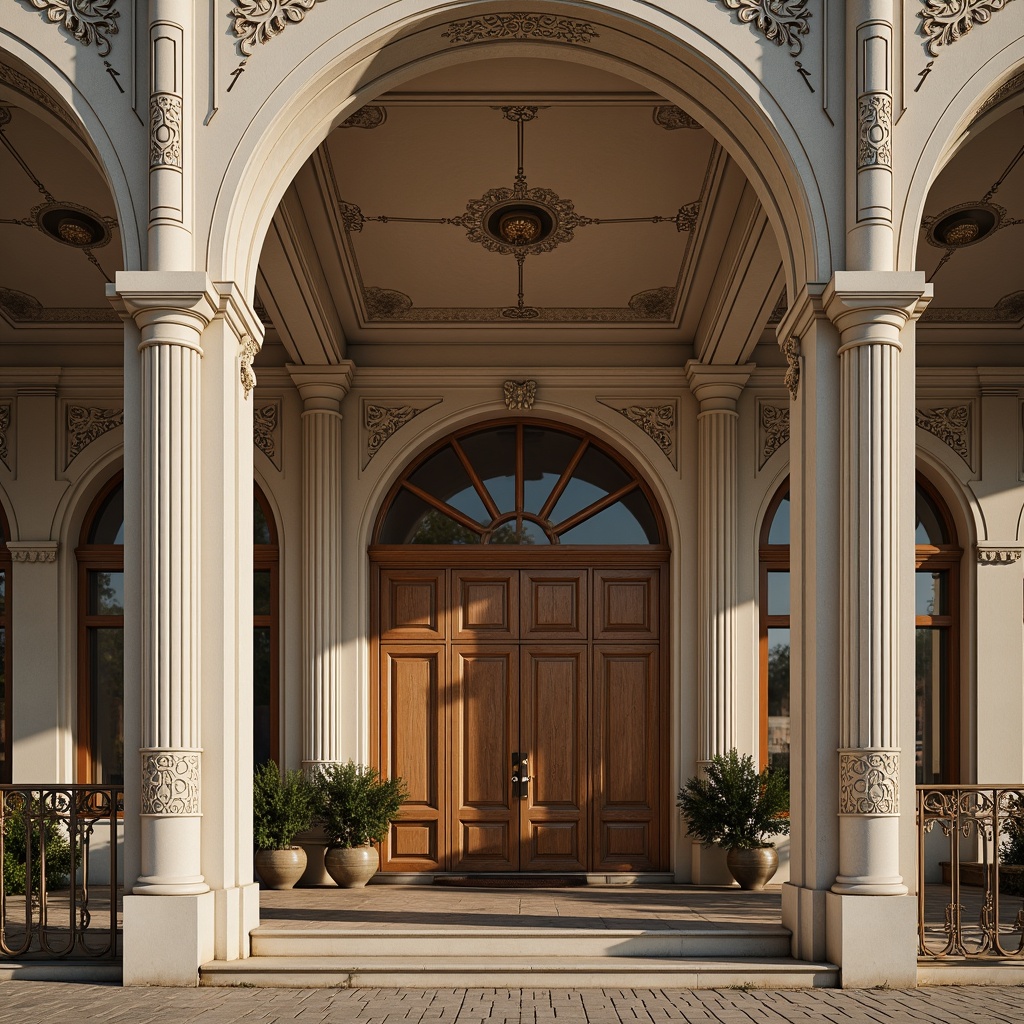 Prompt: Elegant neoclassical facade, ornate moldings, fluted columns, carved stone decorations, intricate ceiling patterns, grandiose entranceways, symmetrical compositions, classical proportions, refined ornamental details, subtle color palette, soft golden lighting, shallow depth of field, 1/1 composition, realistic textures, ambient occlusion.