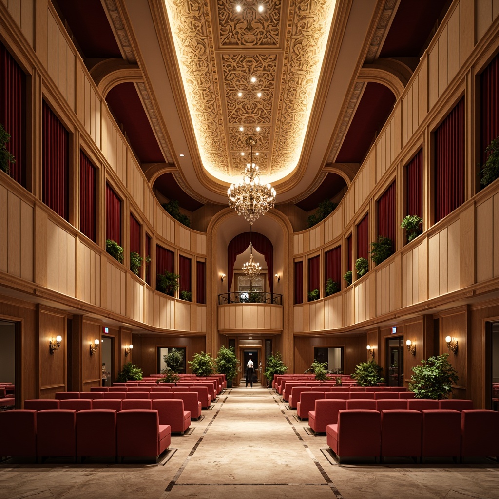 Prompt: Elegant student halls, ornate wooden paneling, rich velvet drapes, refined acoustic treatment, sound-absorbing fabrics, curved lines, symmetrical architecture, grand chandeliers, polished marble floors, luxurious furnishings, warm earthy tones, intimate ambiance, soft diffused lighting, subtle shading, 1/2 composition, warm beige walls, ornate moldings, classical-inspired patterns, intricate carvings.