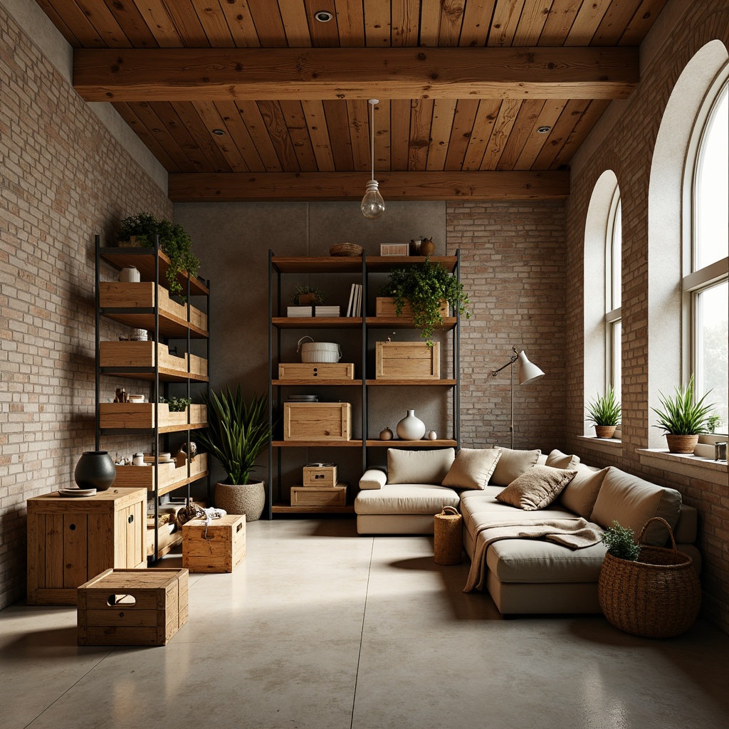 Prompt: Cozy storage room, earthy tones, warm beige walls, rich wood accents, metallic shelving units, soft box lighting, 1/1 composition, natural textures, ambient occlusion, organized clutter, minimal decor, functional furniture, industrial-chic decor, urban loft ambiance, exposed brick walls, polished concrete floors, reclaimed wood crates, rustic metal hardware.