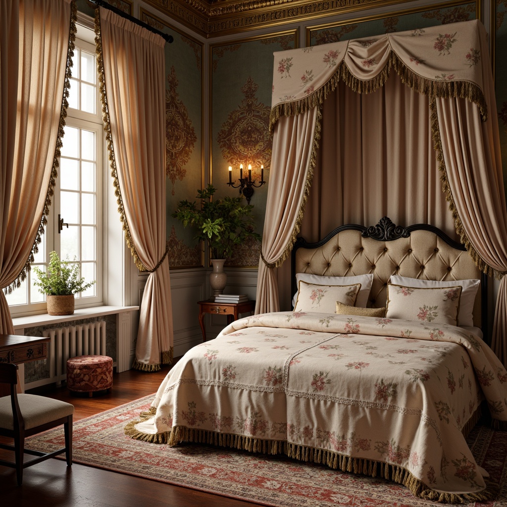 Prompt: Luxurious fabrics, intricate ornate patterns, soft pastel hues, velvet drapery, silk upholstery, golden embroidery, delicate lace trim, ornamental brocade, rich satin, tassel accents, subtle sheen, opulent textures, French Renaissance inspiration, elegant folds, refined curvatures, aristocratic ambiance, warm candlelight, intimate settings, lavish d\u00e9cor.