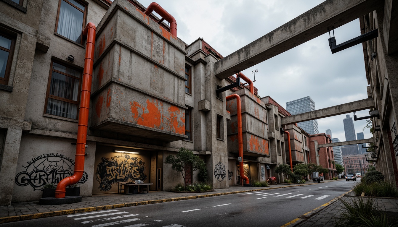 Prompt: Gritty brutalist architecture, rugged concrete textures, bold orange-red accents, industrial-style pipes, exposed ductwork, raw metal beams, urban cityscape, overcast skies, dramatic shadows, high-contrast lighting, 1/1 composition, sharp geometric shapes, distressed finishes, weathered surfaces, abstract graffiti, rebellious atmosphere, avant-garde aesthetic.