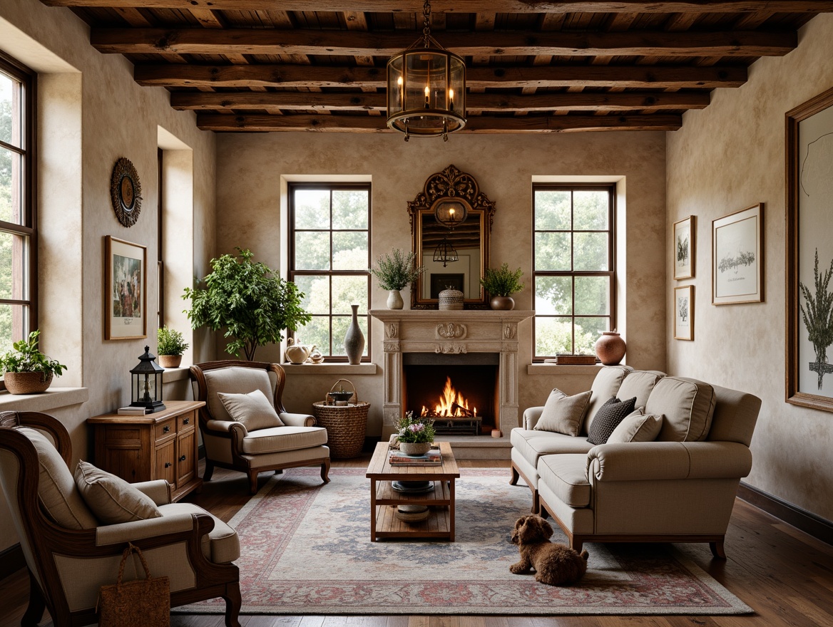 Prompt: Rustic wooden beams, distressed stone walls, soft warm lighting, plush velvet armchairs, ornate carved wooden furniture, elegant upholstered sofas, vintage metal lanterns, woven wicker baskets, natural linen fabrics, earthy terracotta vases, delicate porcelain figurines, French country-inspired patterns, classic berg\u00e8re chairs, rich wood tones, comfortable reading nooks, floor-to-ceiling windows, soft filtered light, 3/4 composition, shallow depth of field, warm color palette.