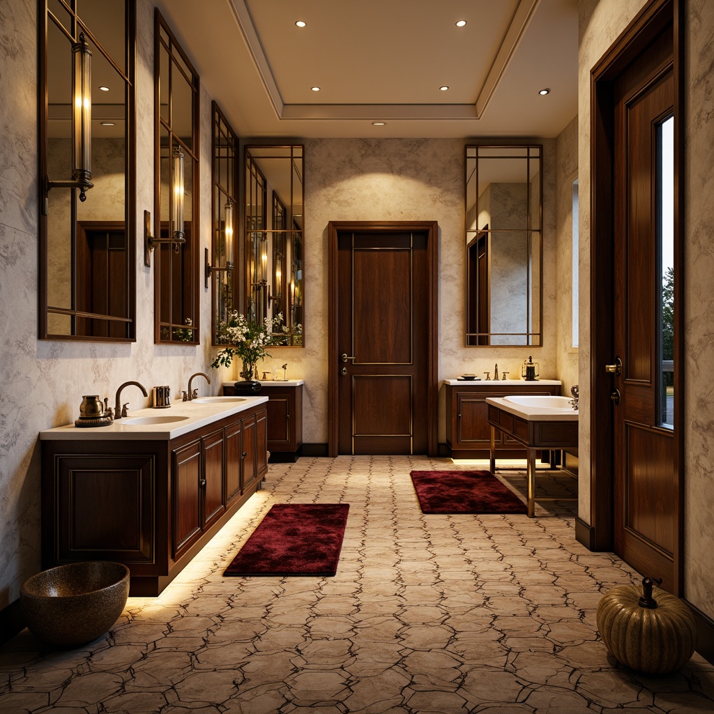 Prompt: Luxurious Art Deco bathroom, ornate mirrors, metallic accents, geometric patterns, marble countertops, rich wood cabinetry, chrome fixtures, hexagonal floor tiles, soft warm lighting, ambient shadows, 3/4 composition, symmetrical arrangement, bold color contrasts, glamorous textures, velvety rugs, polished stone walls, antique bronze fittings, beveled glass edges, ornamental metalwork, lavish drapery, sumptuous atmosphere.