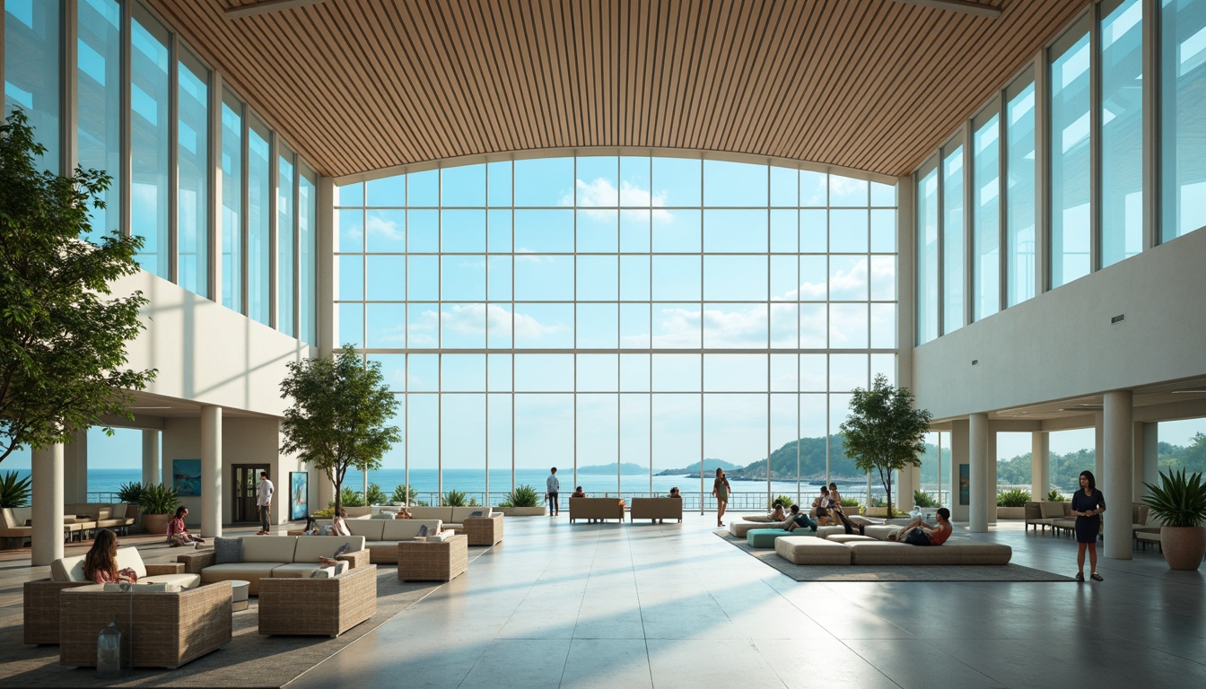 Prompt: Airy coastal airport interior, spacious open layout, natural light-filled atriums, sleek modern architecture, curved lines, ocean-inspired color palette, calming turquoise hues, gentle wave patterns, driftwood accents, polished stone floors, minimalist decor, comfortable lounge seating, floor-to-ceiling windows, panoramic views of coastline, subtle ambient lighting, soft focus blur, shallow depth of field, 2/3 composition, realistic textures, ambient occlusion.