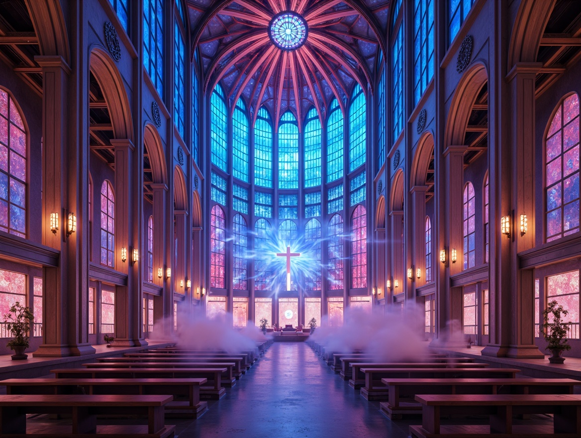 Prompt: Neon-lit cathedral, iridescent stained glass windows, holographic frescoes, gleaming metallic accents, luminescent altarpieces, cyberpunk-inspired columns, futuristic dome structures, ethereal atmospheric lighting, misty fog effects, 3D projection mapping, virtual reality integration, sacred geometry patterns, glowing runes, shimmering aurora borealis, celestial body inspirations, astronomical observations, interstellar travel influences, otherworldly ambiance, soft focus photography, cinematic color grading, moody contrast ratios.