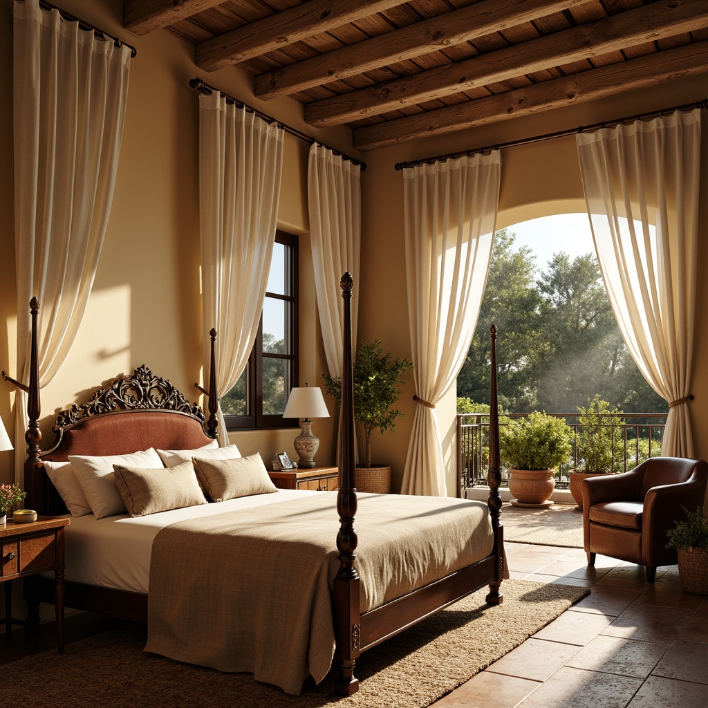 Prompt: Cozy Mediterranean-style bedroom, warm beige walls, dark wood furniture, ornate carvings, plush velvet upholstery, golden metal accents, soft linen bedding, billowy white curtains, rustic stone flooring, natural woven rugs, potted olive trees, sun-kissed windows, warm afternoon light, shallow depth of field, 1/1 composition, intimate atmosphere, realistic textures, ambient occlusion.