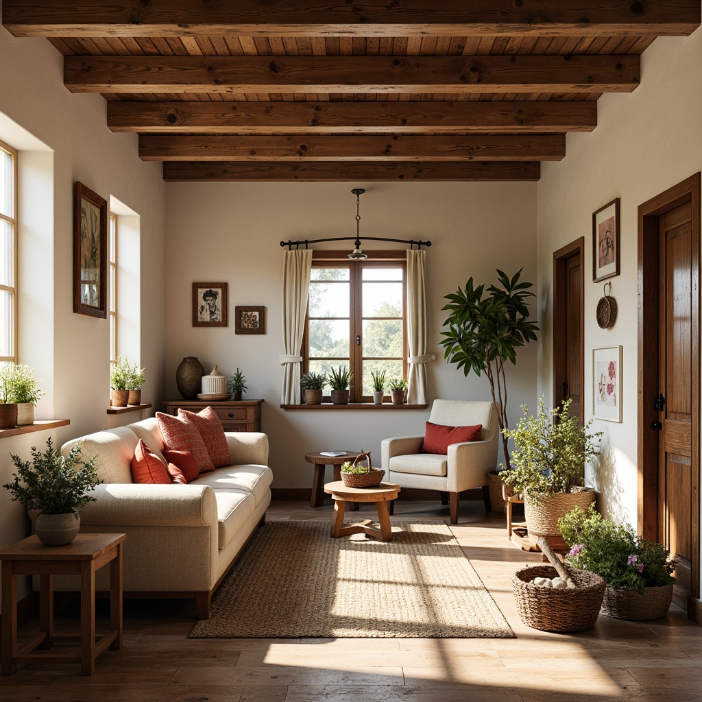 Prompt: Rustic farmhouse interior, warm earthy tones, weathered wood accents, vintage metal decor, soft creamy whites, rich terracotta reds, mossy greens, distressed finishes, natural textiles, woven baskets, floral patterns, classic country furniture, shabby chic elements, warm golden lighting, cozy atmosphere, 1/1 composition, shallow depth of field, realistic textures.