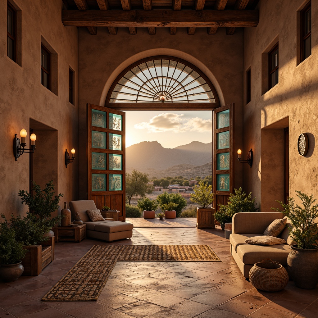 Prompt: Adobe-inspired earthy tones, ornate wooden doors, turquoise accents, geometric patterns, sacred symbols, mystical artifacts, candlelit interior, vaulted ceilings, stained glass windows, rustic stone walls, serene desert landscapes, majestic mountain ranges, sunset warm lighting, soft focus, shallow depth of field, 1/1 composition, spiritual ambiance, ambient occlusion.