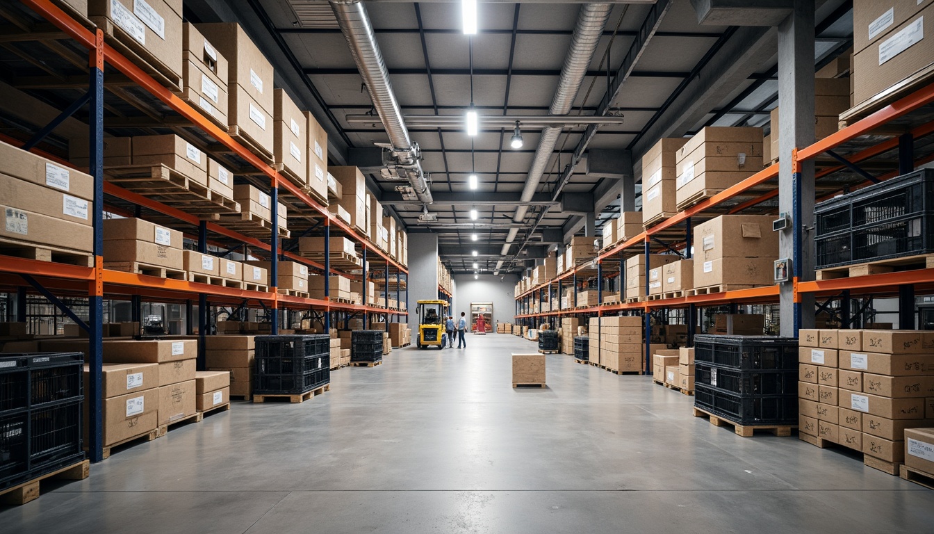 Prompt: Industrial distribution center interior, high ceilings, exposed ductwork, polished concrete floors, metal shelving units, crate storage systems, LED strip lighting, soft box lights, suspended linear fixtures, warm color temperature, high-bay lighting, aisle markers, safety signage, reflective surfaces, minimal shadows, 1/1 composition, realistic textures, ambient occlusion.