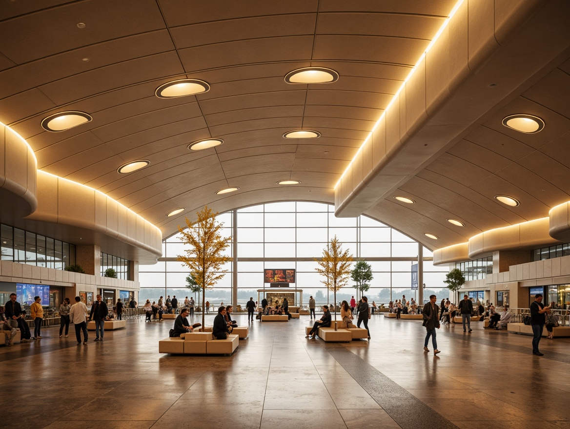 Prompt: Airy airport terminal, sleek modern architecture, flowing curves, natural stone flooring, polished metal accents, warm beige tones, suspended ceiling systems, layered lighting effects, stylish pendant lamps, cylindrical shapes, minimalist design, LED strips, glowing ambient lights, soft diffused illumination, 3/4 composition, shallow depth of field, realistic textures, ambient occlusion.