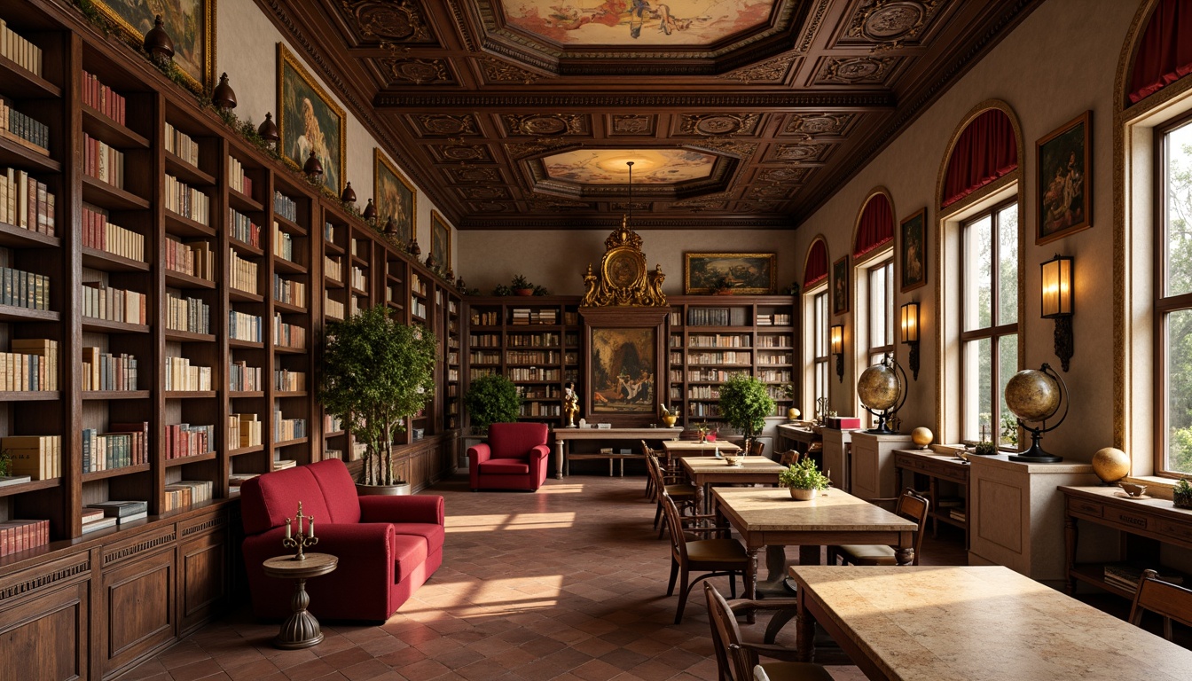 Prompt: Richly ornamented bookshelves, warm golden lighting, leather-bound tomes, intricate wood carvings, ornate metal fixtures, rustic stone walls, plush velvet armchairs, antique wooden tables, elegant script typography, earthy terracotta floors, soft beige walls, muted greenery, vintage globes, classic candlesticks, Renaissance-inspired frescoes, warm beige marble countertops, luxurious crimson drapes, subtle bronze accents, 1/2 composition, atmospheric depth of field, realistic textures, ambient occlusion.