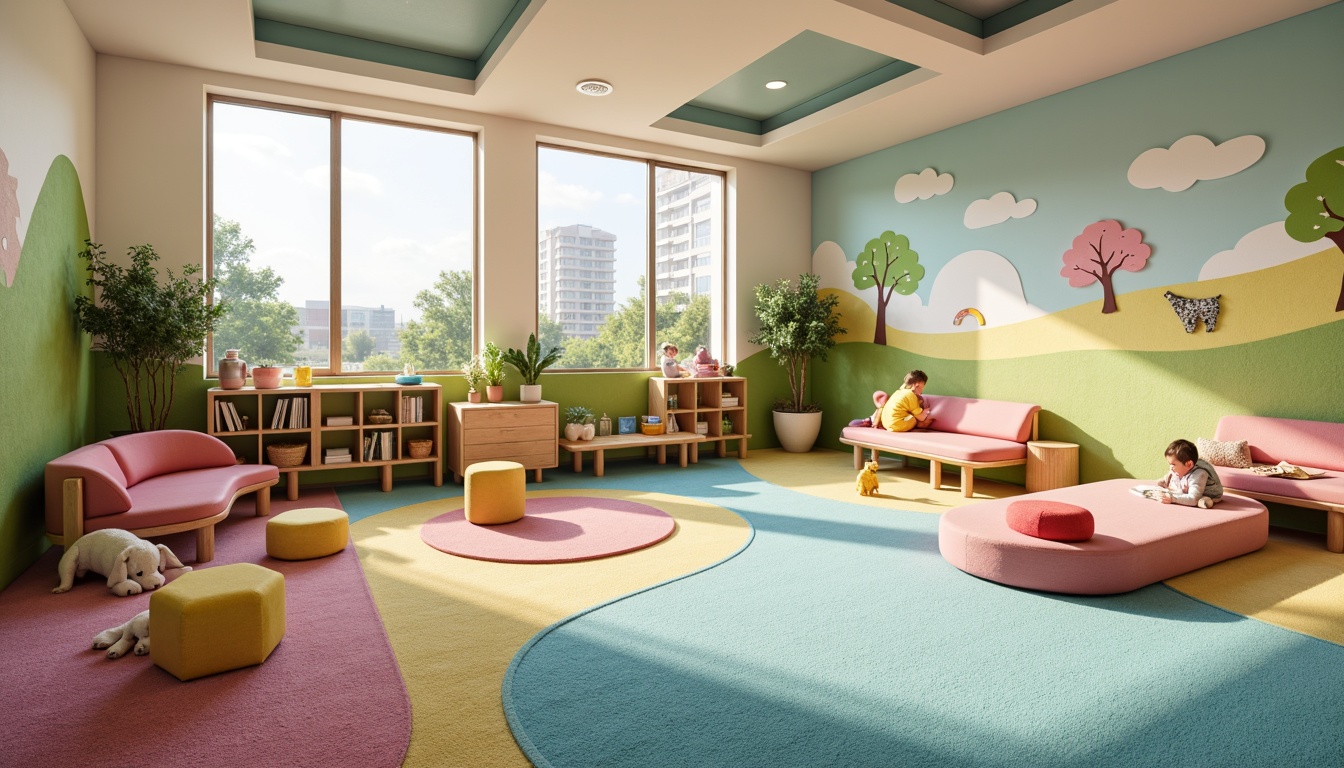 Prompt: Vibrant playroom, soft plush carpet, pastel colors, rounded edges, safety-first design, kid-friendly materials, easy-to-clean surfaces, acoustic sound absorption, warm natural lighting, cozy reading nooks, colorful wall murals, whimsical furniture, ergonomic play structures, shock-absorbing flooring, gentle texture, rounded corner protection, 1/2 composition, soft focus, shallow depth of field.