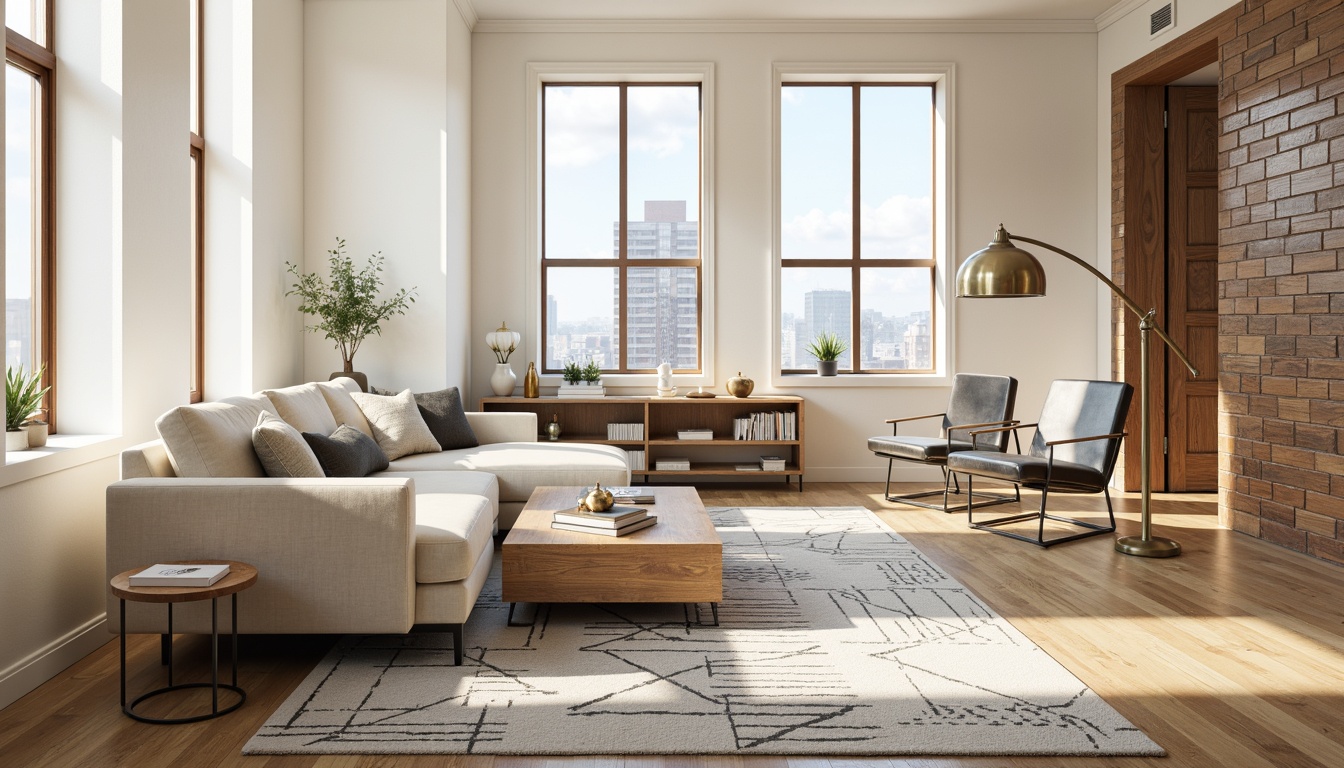 Prompt: Modern functional living room, sleek minimalist sofa, low-profile coffee table, industrial metal chairs, reclaimed wood accents, creamy white walls, large windows, natural light, urban loft atmosphere, Scandinavian design influences, geometric patterned rug, metallic floor lamps, soft warm glow, 1/1 composition, realistic textures, ambient occlusion.