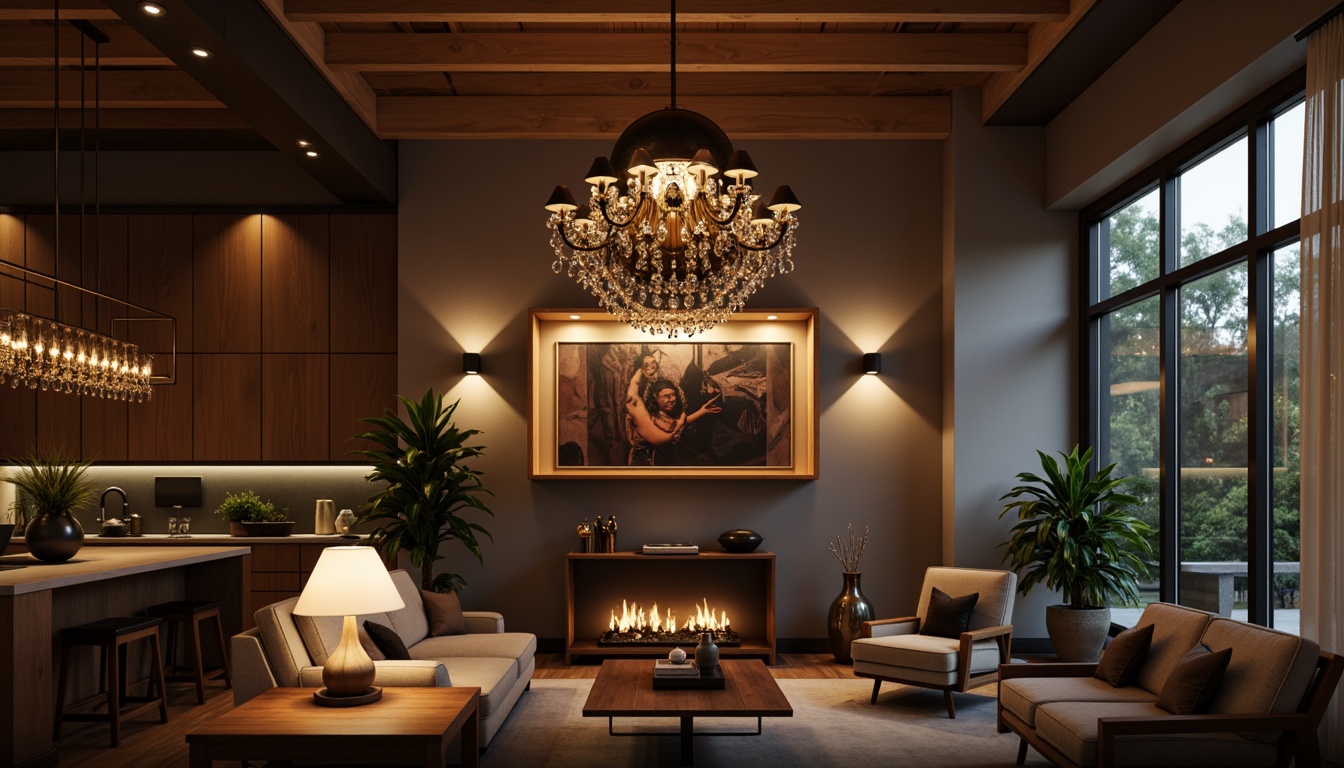 Prompt: Elegant chandeliers, modern pendant lights, industrial metal shades, warm candlelight, rustic wooden lanterns, sleek floor lamps, sophisticated ceiling fixtures, luxurious crystal drops, Art Deco-inspired sconces, minimalist track lighting, energy-efficient LED strips, soft ambient glow, cozy reading nooks, refined living rooms, stylish kitchens, intimate dining areas.