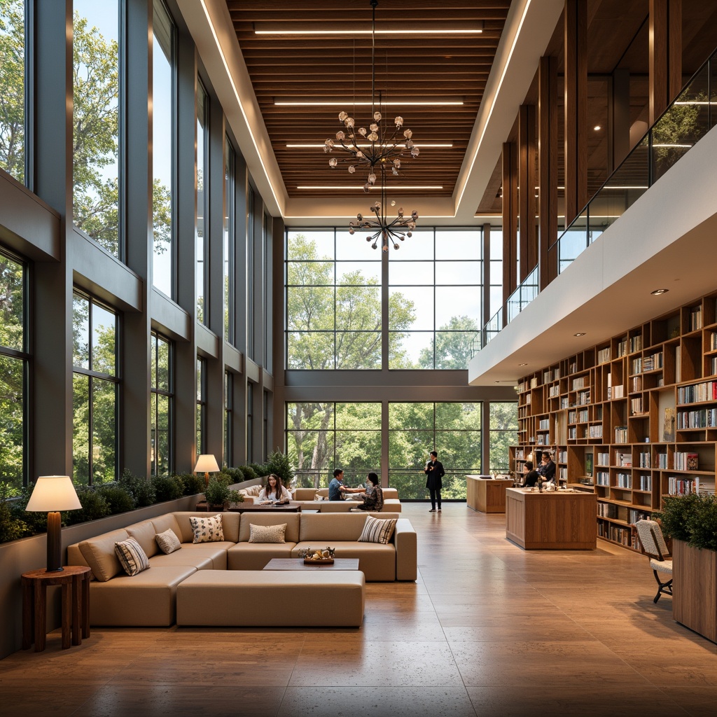 Prompt: Modern library atmosphere, soft warm lighting, natural daylight, floor-to-ceiling windows, minimalist pendant lights, sleek LED strips, wooden accents, comfortable seating areas, cozy reading nooks, vibrant bookshelves, rich wood tones, polished metal fixtures, elegant chandeliers, subtle ambient glow, layered lighting design, dramatic high ceilings, open airy spaces, functional task lighting, decorative sconces, warm beige colors, inviting atmosphere.