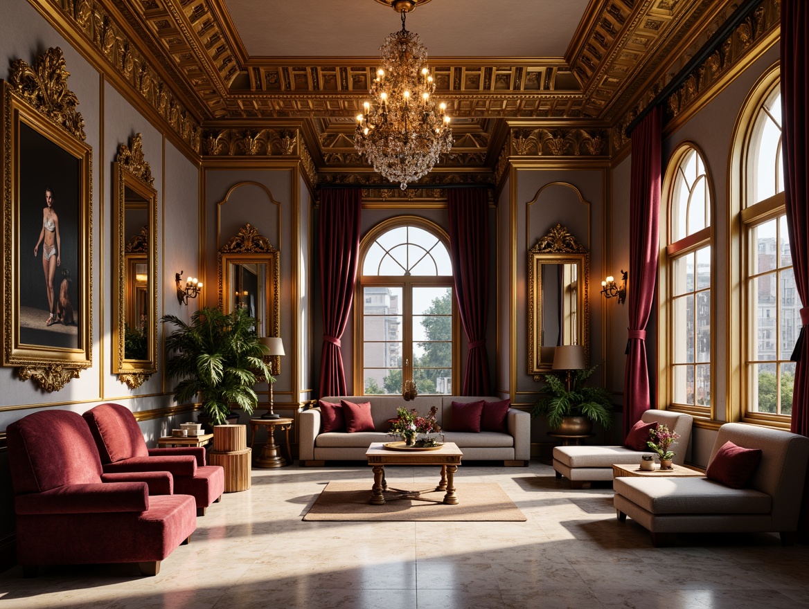 Prompt: Ornate home gym, Rococo-inspired interior design, intricate gold moldings, lavish chandeliers, velvet drapes, ornamental mirrors, gilded accents, marble floors, rich wood paneling, tufted upholstery, opulent furnishings, grandiose archways, soft warm lighting, dramatic shadows, 1/1 composition, detailed textures, ambient occlusion.