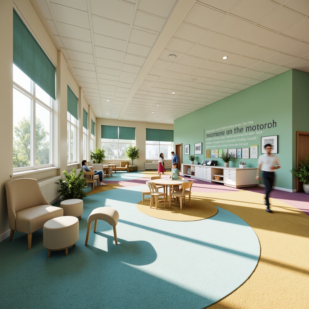 Prompt: Vibrant learning environment, calming pastel hues, soothing blue-green tones, warm beige accents, natural wood textures, minimalist furniture, abundant daylight, soft diffused lighting, 1/1 composition, shallow depth of field, realistic renderings, ambient occlusion; educational wall art, inspirational quotes, interactive displays, collaborative workstations, ergonomic seating, acoustic panels, sound-absorbing materials.