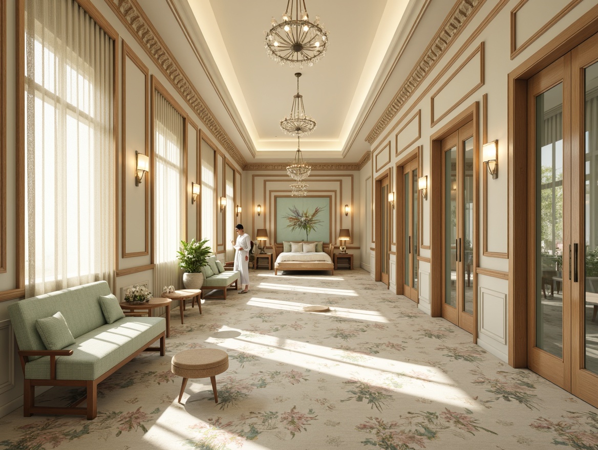 Prompt: Luxurious healthcare facility, ornate furnishings, soft golden lighting, rich wood accents, delicate floral patterns, creamy whites, pastel hues, pale blues, mint greens, velvety textures, intricate moldings, ornamental mirrors, crystal chandeliers, lavish fabrics, elegant typography, subtle gradient effects, 3/4 composition, warm atmospheric perspective, realistic reflections, ambient occlusion.